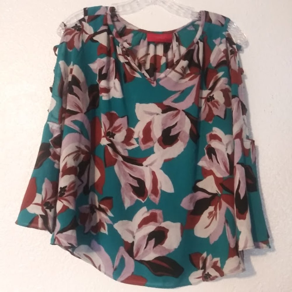 Jennifer Lopez women's size M teal, white and brown floral blouse